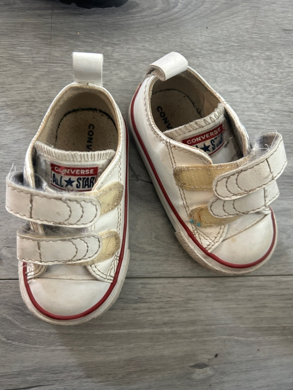 Converse Kids White Sneakers with Red Trim Velcro